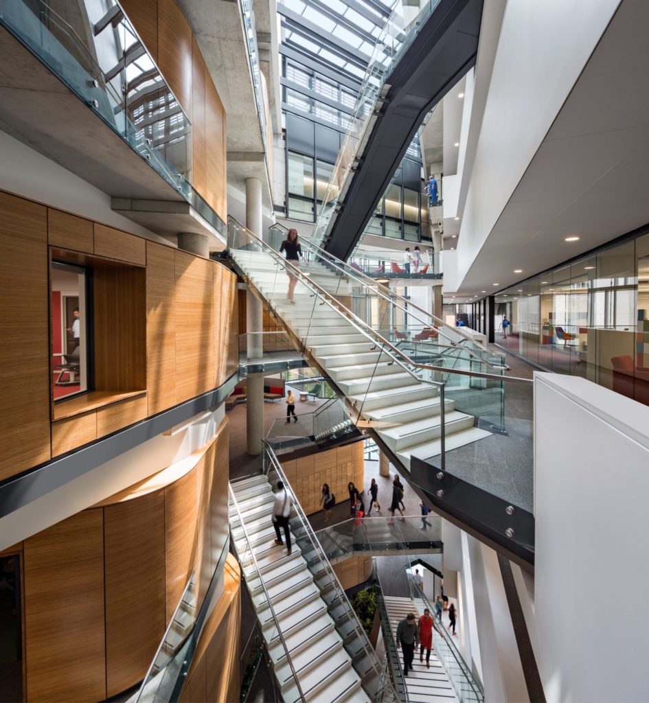 Feature stairs in higher education institutions improve connectivity, foster collaboration, and promote activity.